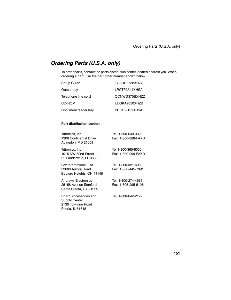 Ordering parts (u.s.a. only) | Sharp AM-900 User Manual | Page 153 / 161