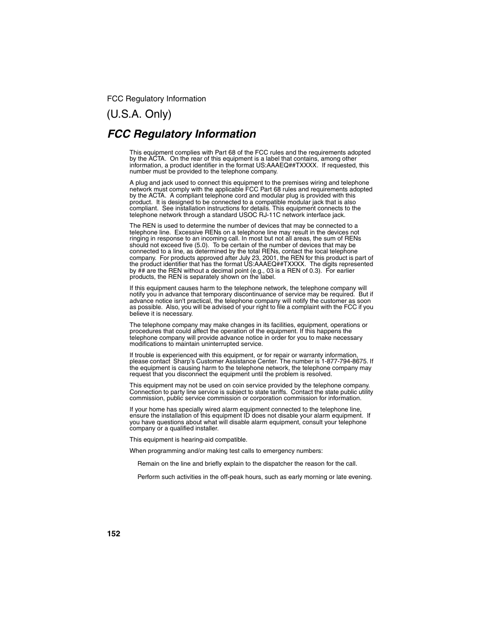Fcc regulatory information, U.s.a. only) | Sharp AM-900 User Manual | Page 154 / 161