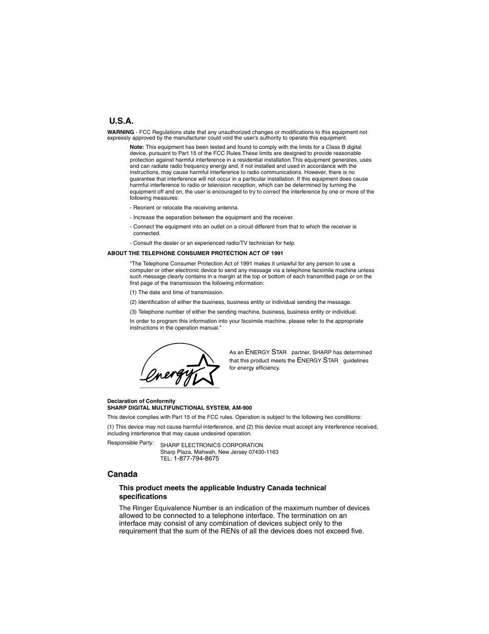 U.s.a. canada | Sharp AM-900 User Manual | Page 2 / 161