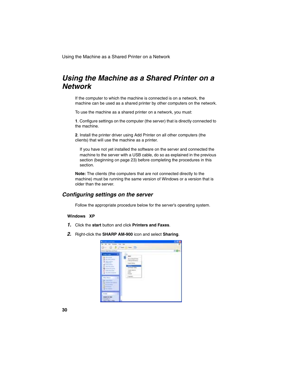 Using the machine as a shared printer on a network | Sharp AM-900 User Manual | Page 32 / 161