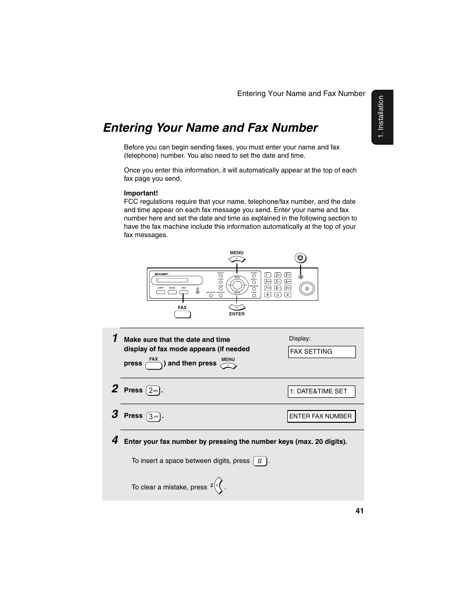 Entering your name and fax number, Entering your name and fax number 41 | Sharp AM-900 User Manual | Page 43 / 161