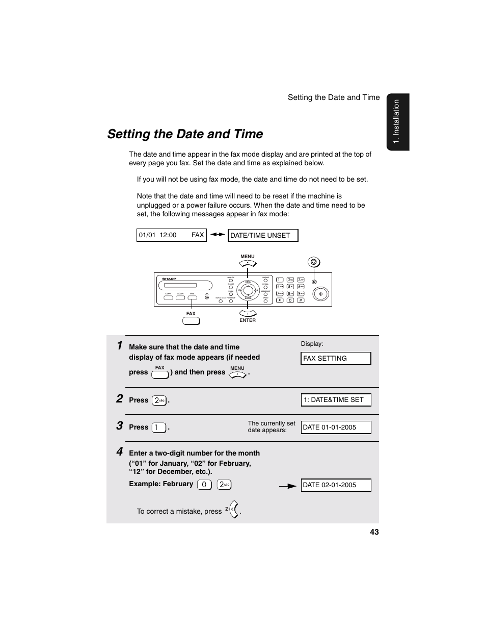 Setting the date and time, Setting the date and time 43 | Sharp AM-900 User Manual | Page 45 / 161