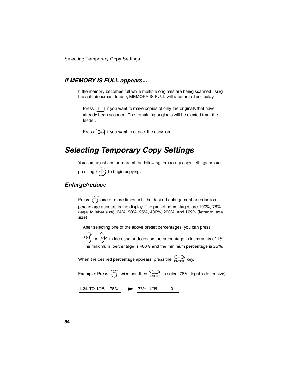 Selecting temporary copy settings, Enlarge/reduce | Sharp AM-900 User Manual | Page 56 / 161
