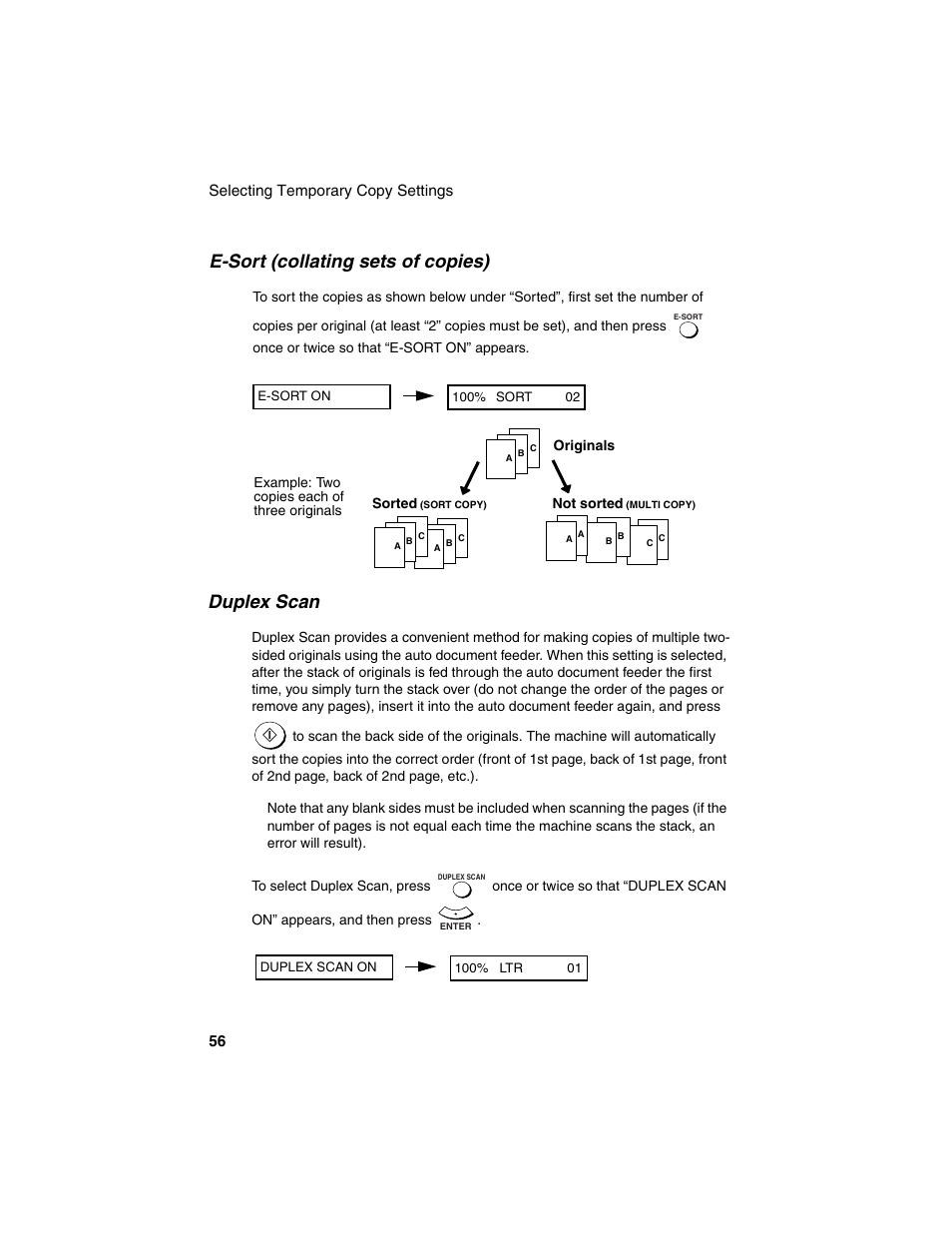 E-sort (collating sets of copies), Duplex scan | Sharp AM-900 User Manual | Page 58 / 161