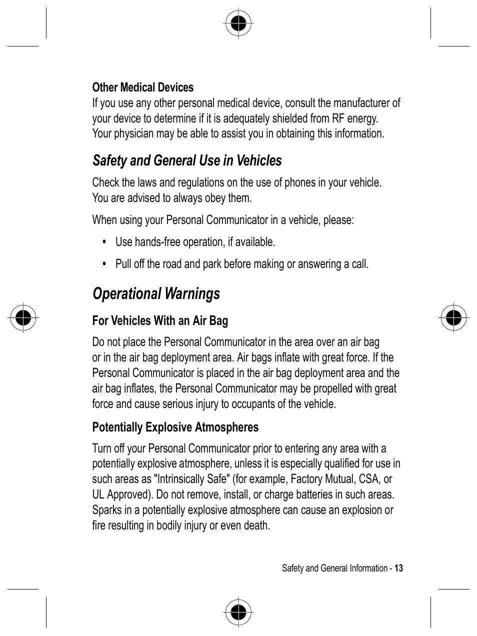 Operational warnings, Safety and general use in vehicles | Motorola C332 User Manual | Page 13 / 86