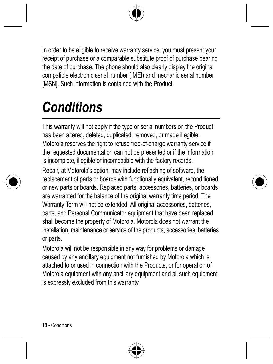 Conditions | Motorola C332 User Manual | Page 18 / 86