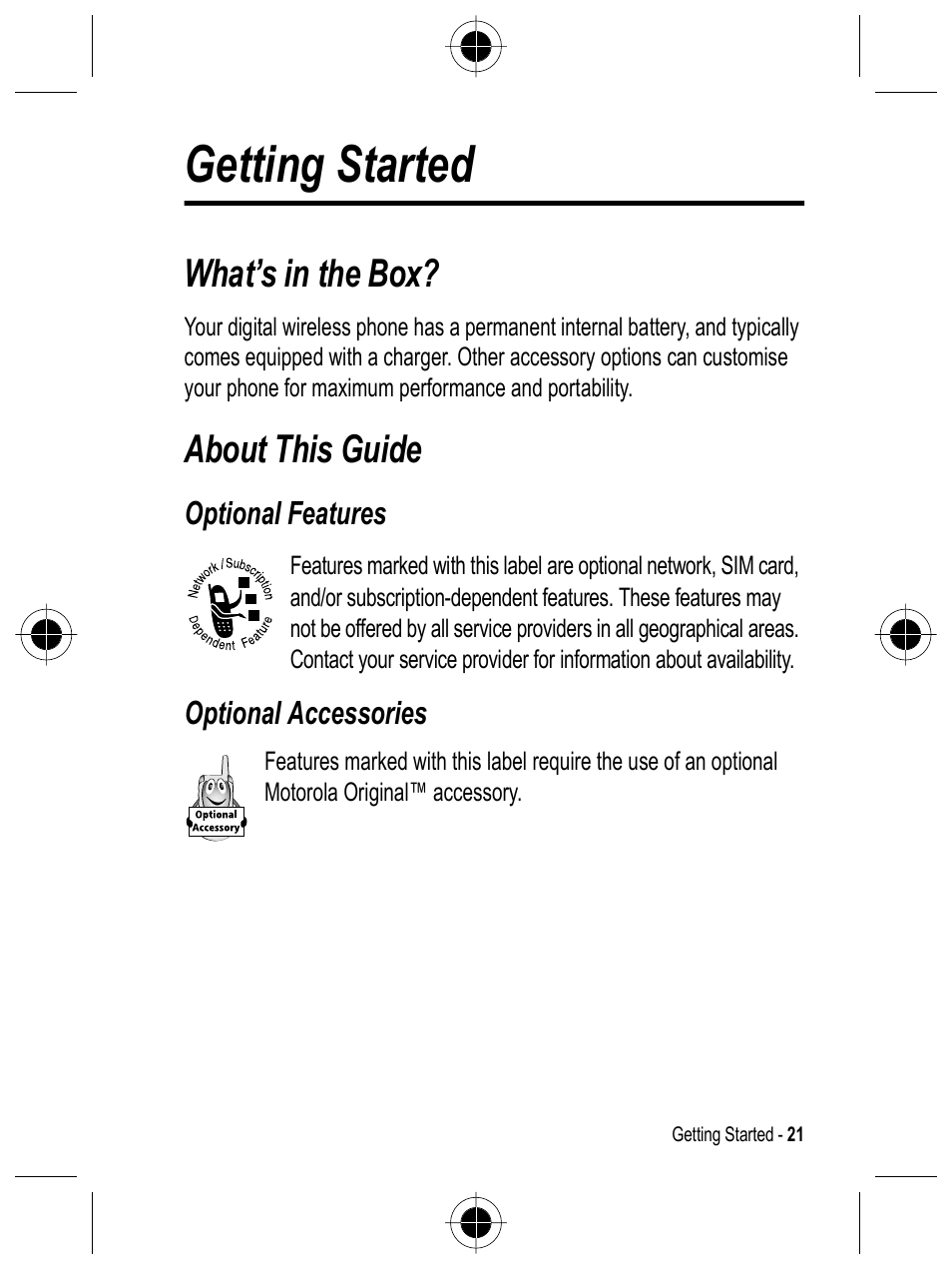 Getting started, What’s in the box, About this guide | Motorola C332 User Manual | Page 21 / 86