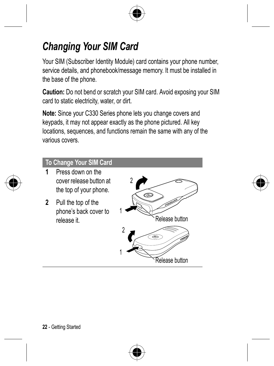 Changing your sim card | Motorola C332 User Manual | Page 22 / 86