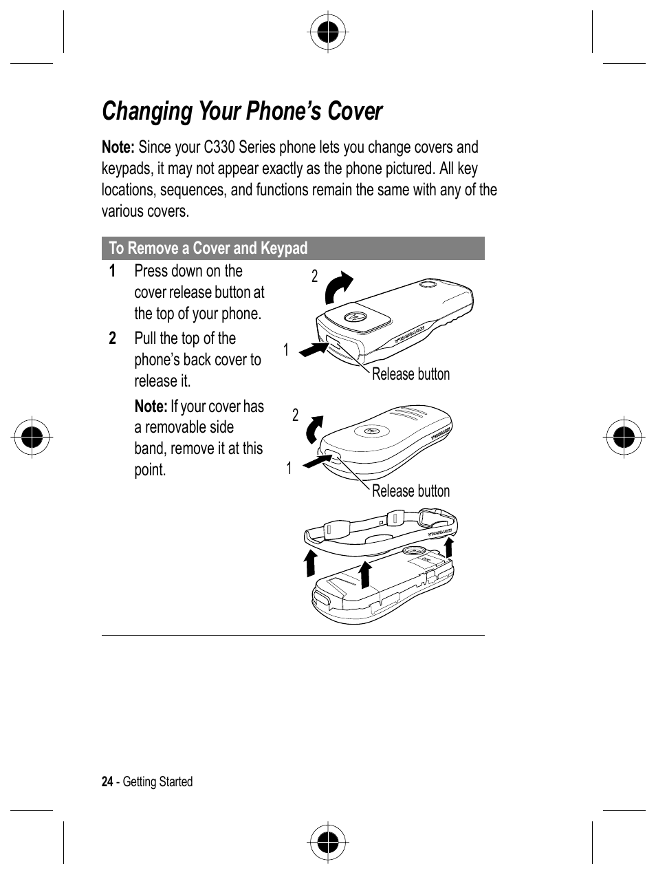 Changing your phone’s cover | Motorola C332 User Manual | Page 24 / 86