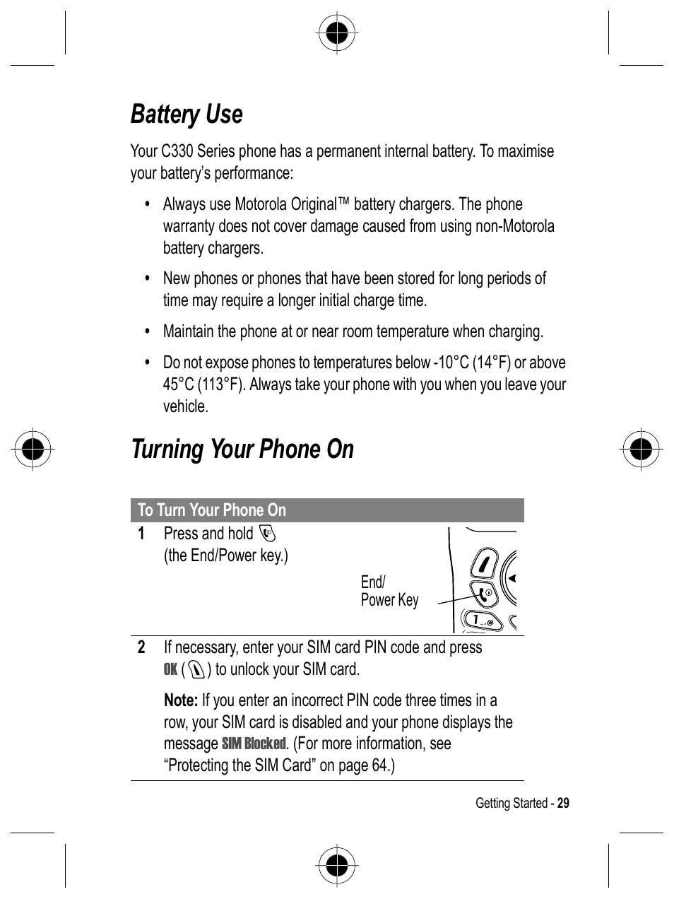 Battery use, Turning your phone on | Motorola C332 User Manual | Page 29 / 86