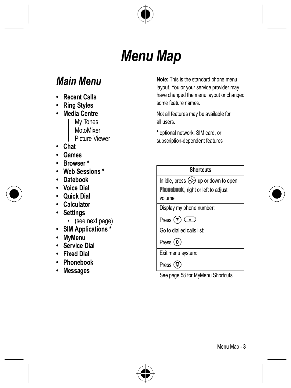 Menu map, Main menu | Motorola C332 User Manual | Page 3 / 86