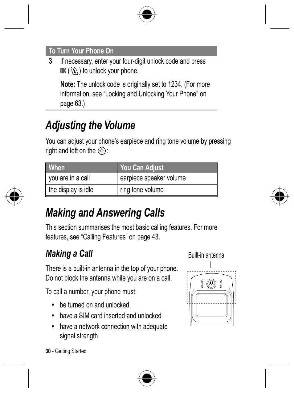 Adjusting the volume, Making and answering calls, Making a call | Motorola C332 User Manual | Page 30 / 86