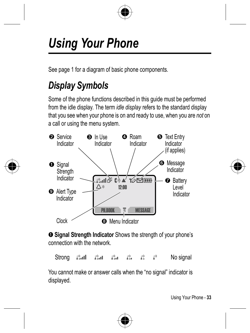 Using your phone, Display symbols | Motorola C332 User Manual | Page 33 / 86