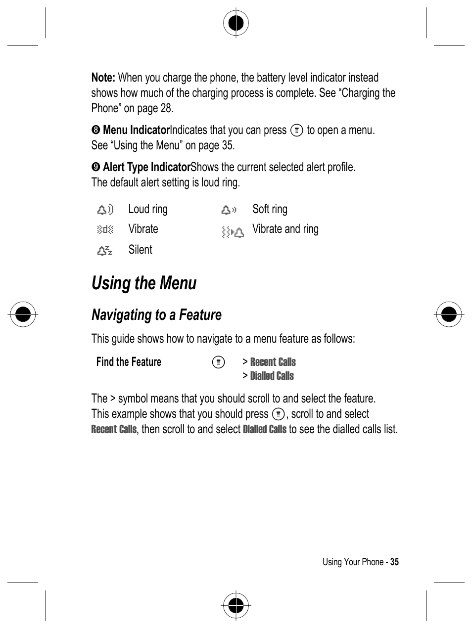 Using the menu, Navigating to a feature | Motorola C332 User Manual | Page 35 / 86