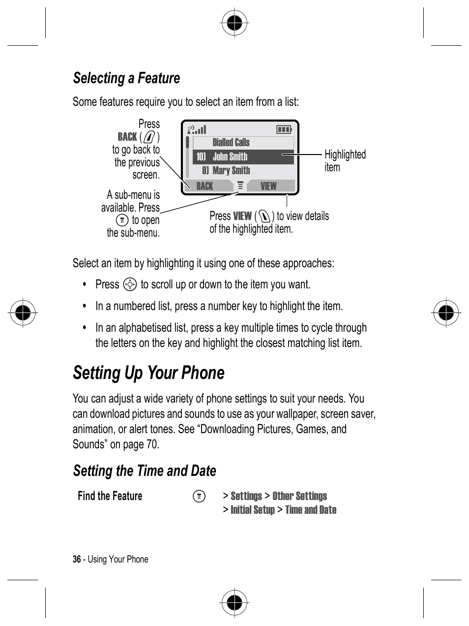Setting up your phone, Selecting a feature, Setting the time and date | Motorola C332 User Manual | Page 36 / 86
