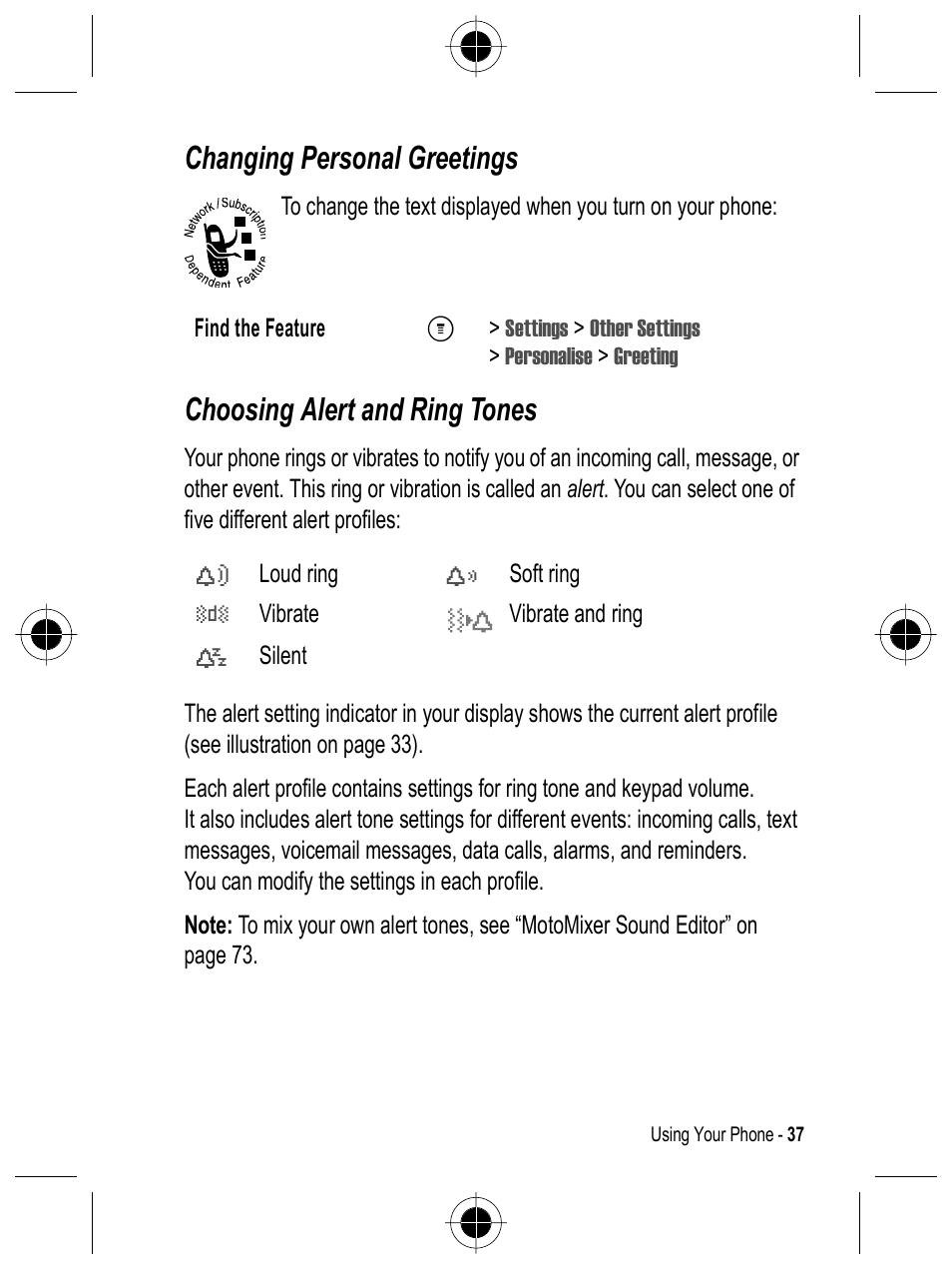 Changing personal greetings, Choosing alert and ring tones | Motorola C332 User Manual | Page 37 / 86