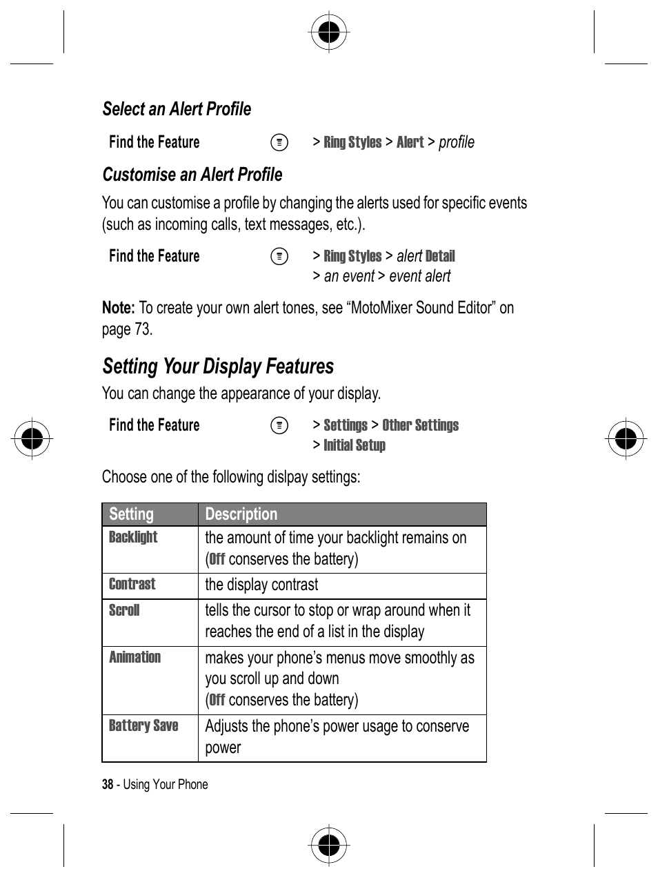 Setting your display features | Motorola C332 User Manual | Page 38 / 86