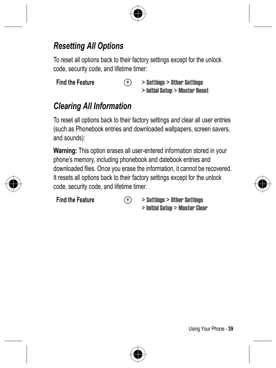 Resetting all options, Clearing all information | Motorola C332 User Manual | Page 39 / 86