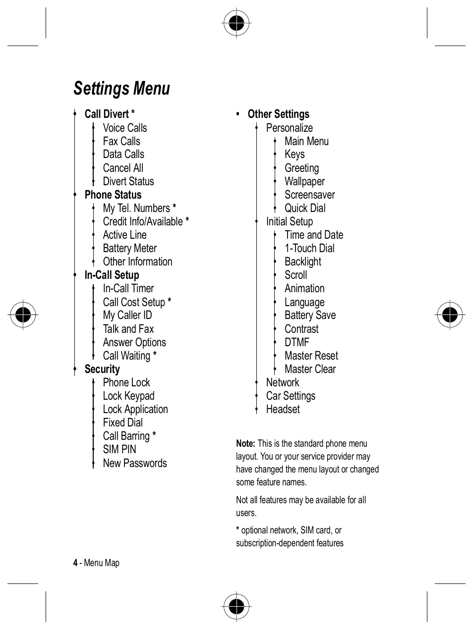 Settings menu | Motorola C332 User Manual | Page 4 / 86