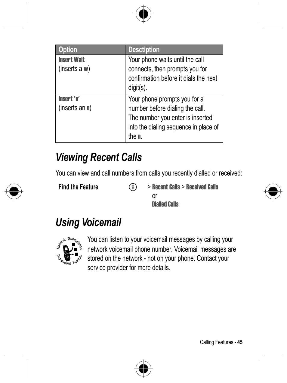 Viewing recent calls, Using voicemail | Motorola C332 User Manual | Page 45 / 86