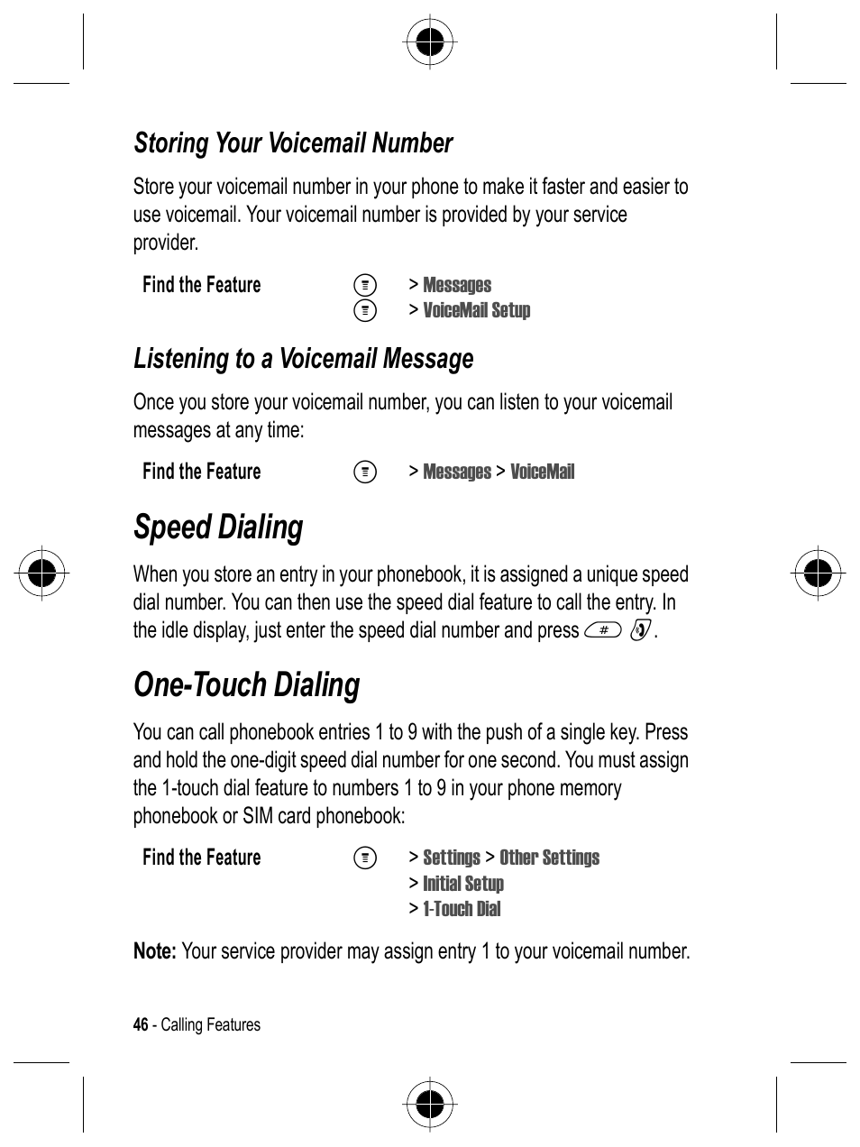 Speed dialing, One-touch dialing, Storing your voicemail number | Listening to a voicemail message | Motorola C332 User Manual | Page 46 / 86