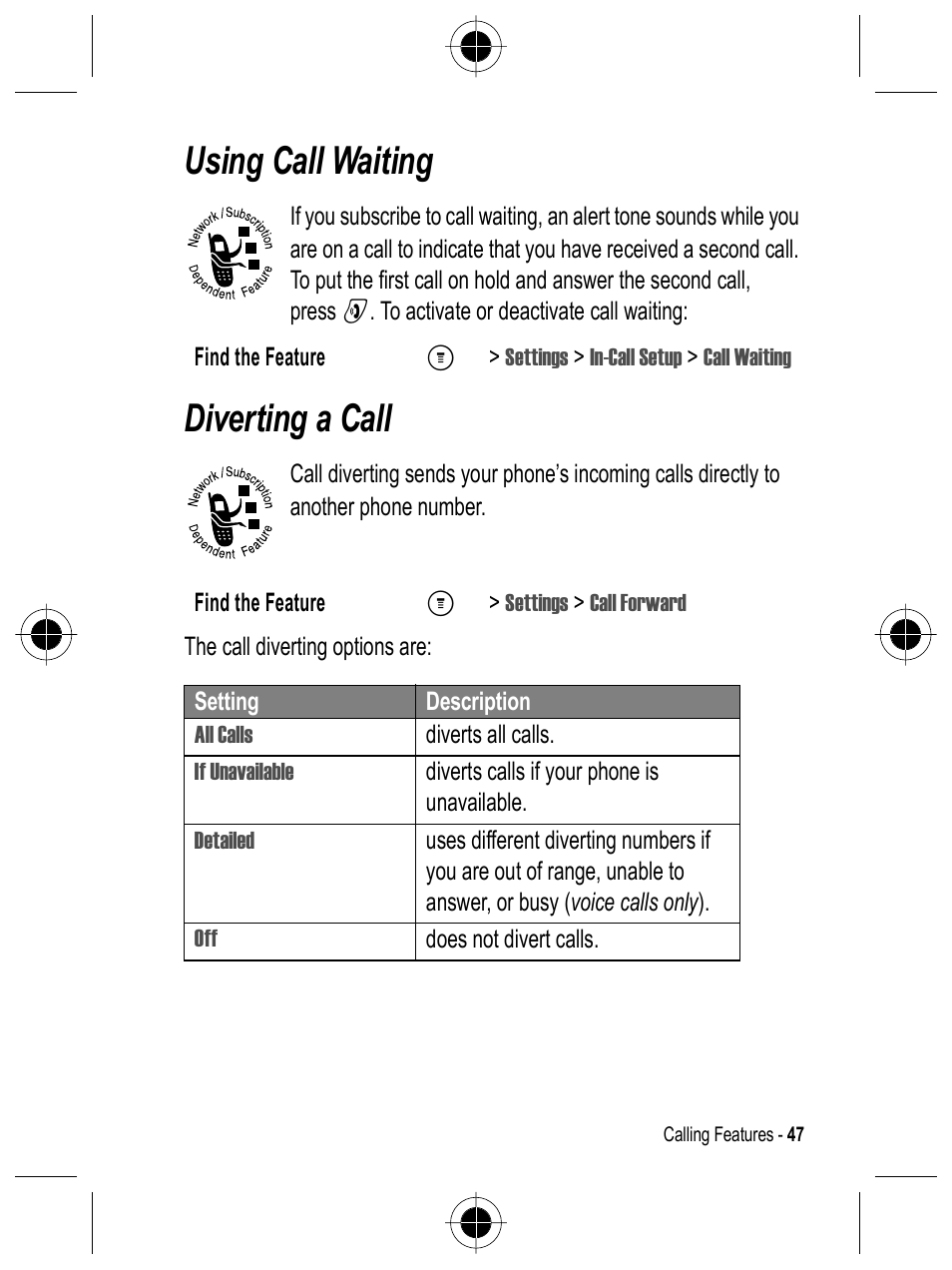 Using call waiting, Diverting a call | Motorola C332 User Manual | Page 47 / 86