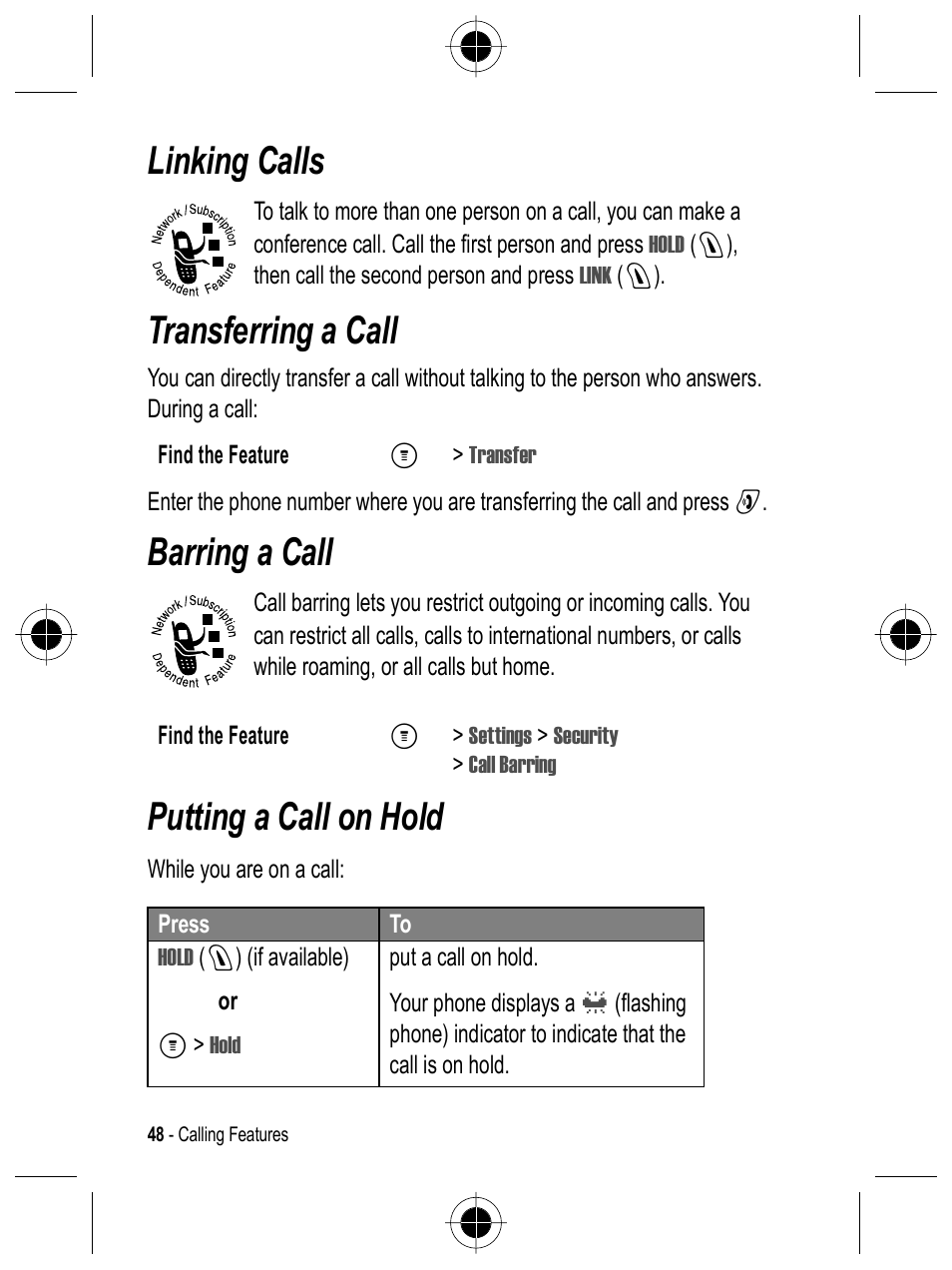 Linking calls, Transferring a call, Barring a call | Putting a call on hold | Motorola C332 User Manual | Page 48 / 86