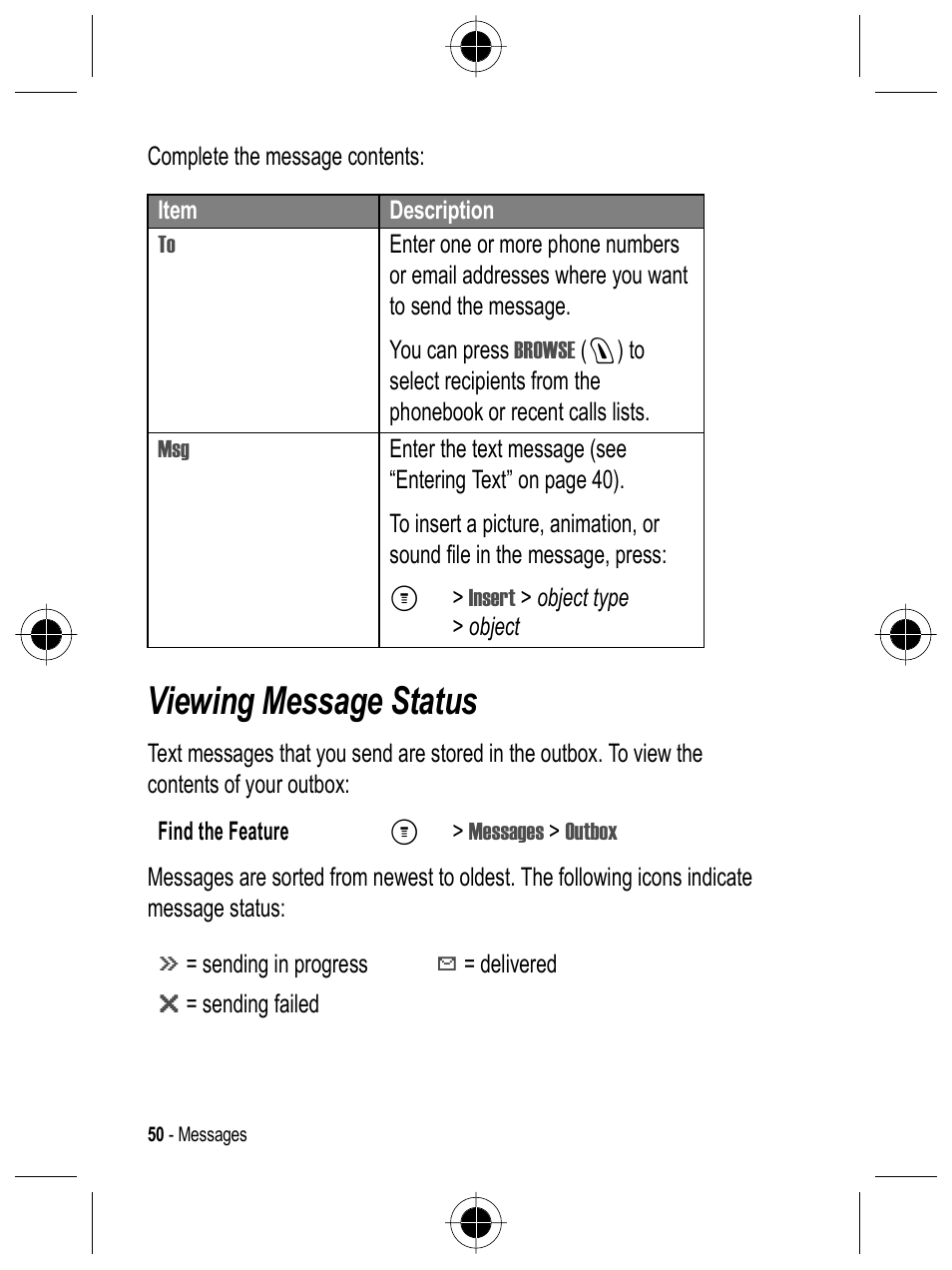 Viewing message status | Motorola C332 User Manual | Page 50 / 86