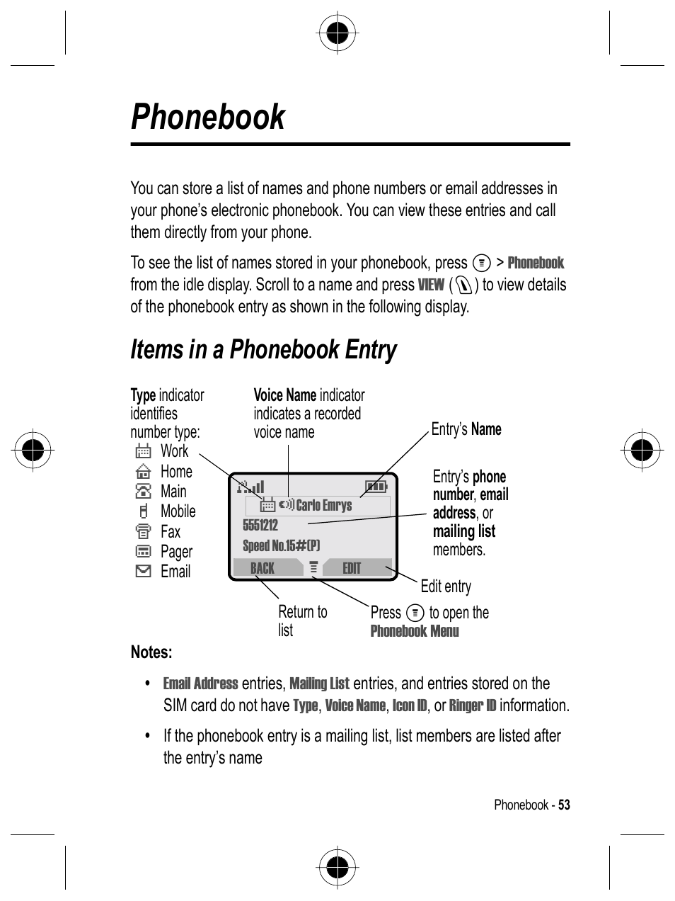 Phonebook, Items in a phonebook entry | Motorola C332 User Manual | Page 53 / 86