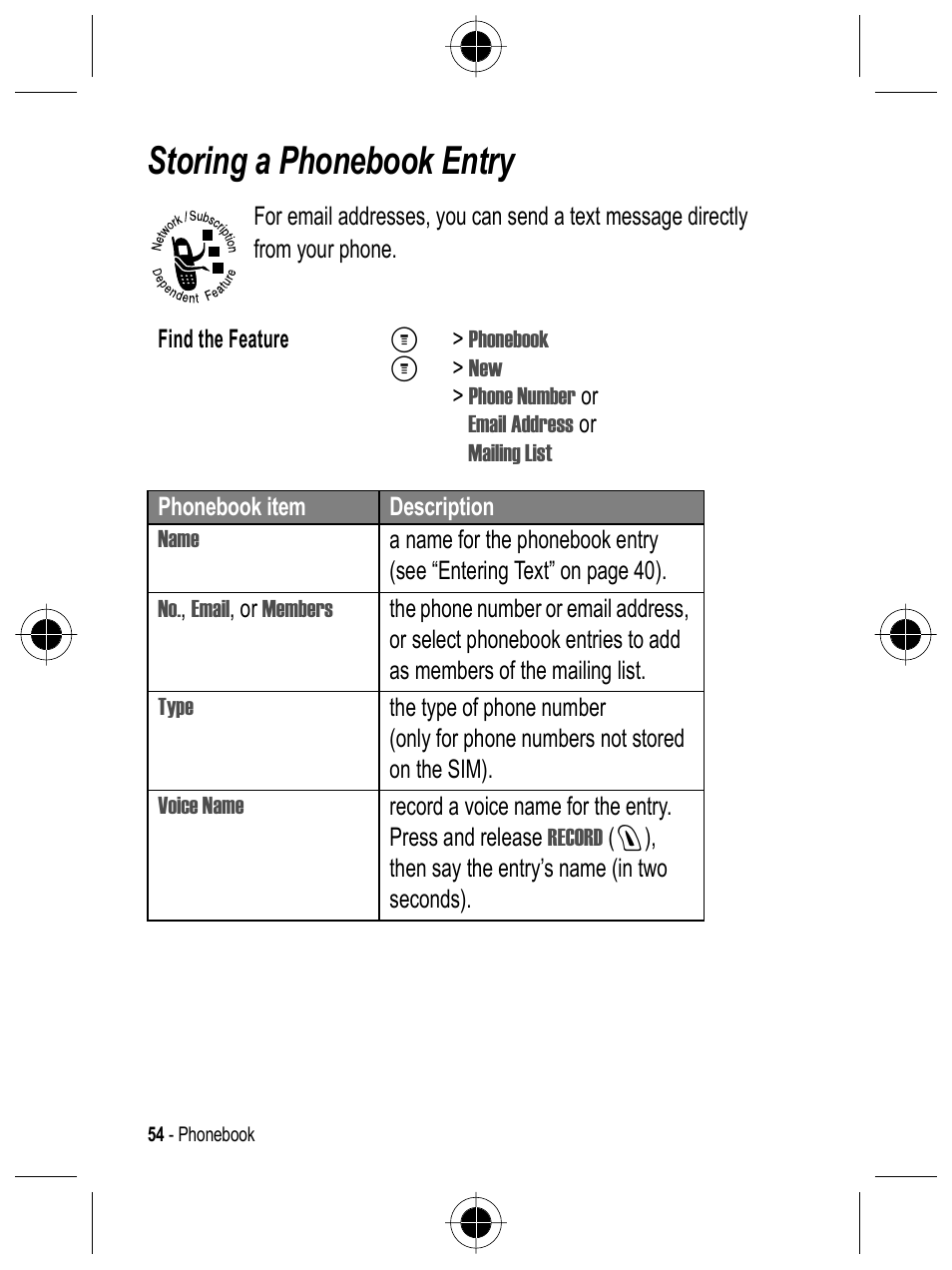 Storing a phonebook entry | Motorola C332 User Manual | Page 54 / 86