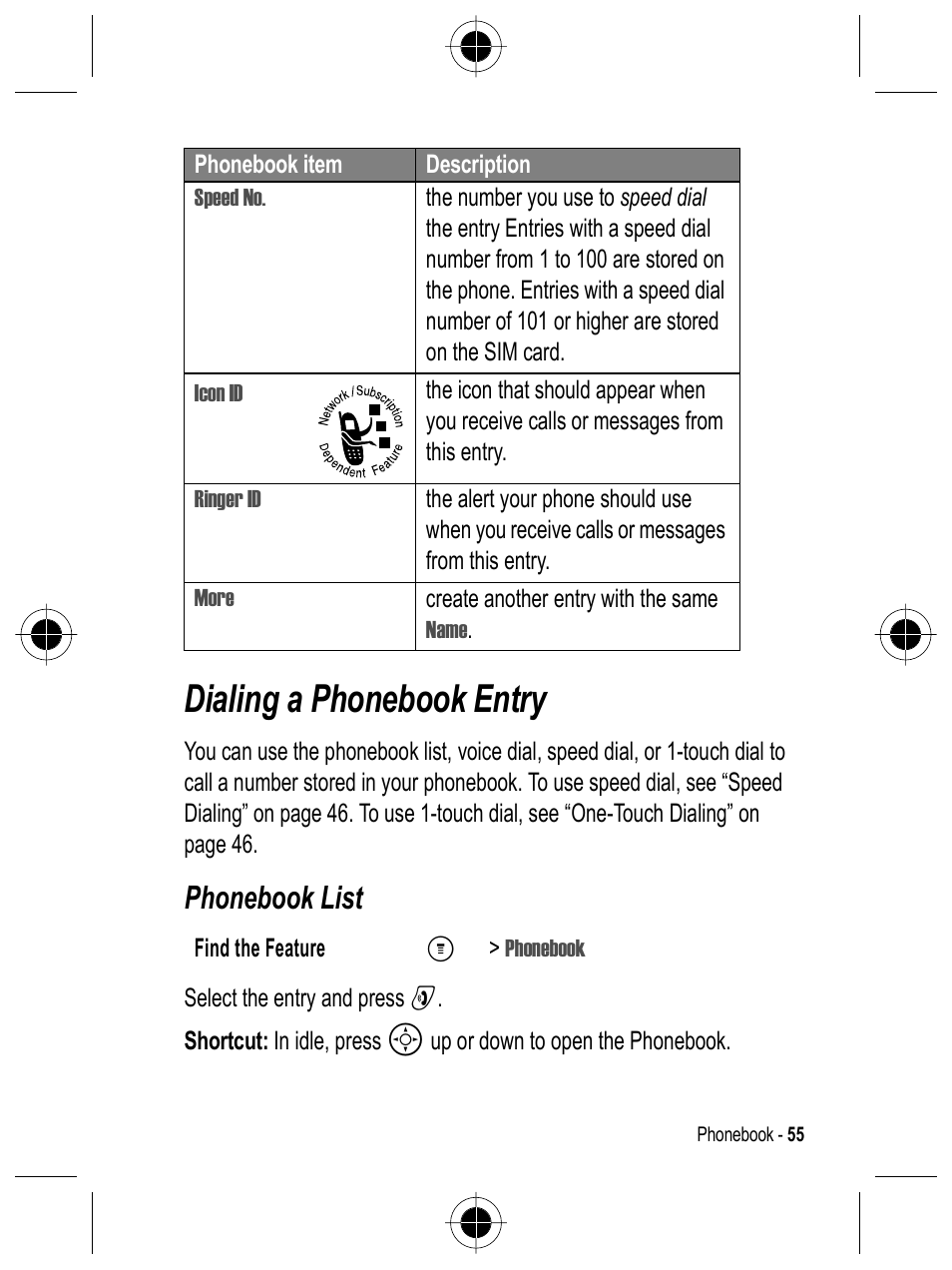 Dialing a phonebook entry, Phonebook list | Motorola C332 User Manual | Page 55 / 86