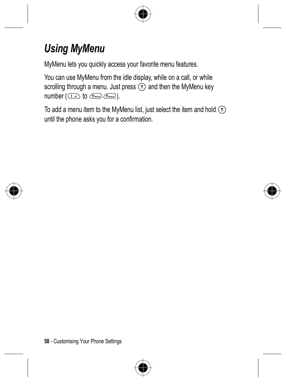 Using mymenu | Motorola C332 User Manual | Page 58 / 86