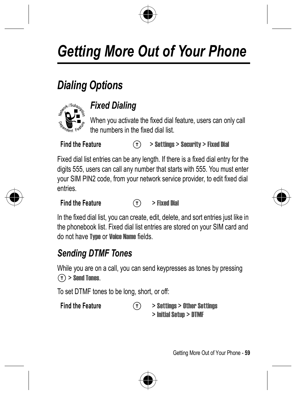 Getting more out of your phone, Dialing options, Fixed dialing | Sending dtmf tones | Motorola C332 User Manual | Page 59 / 86