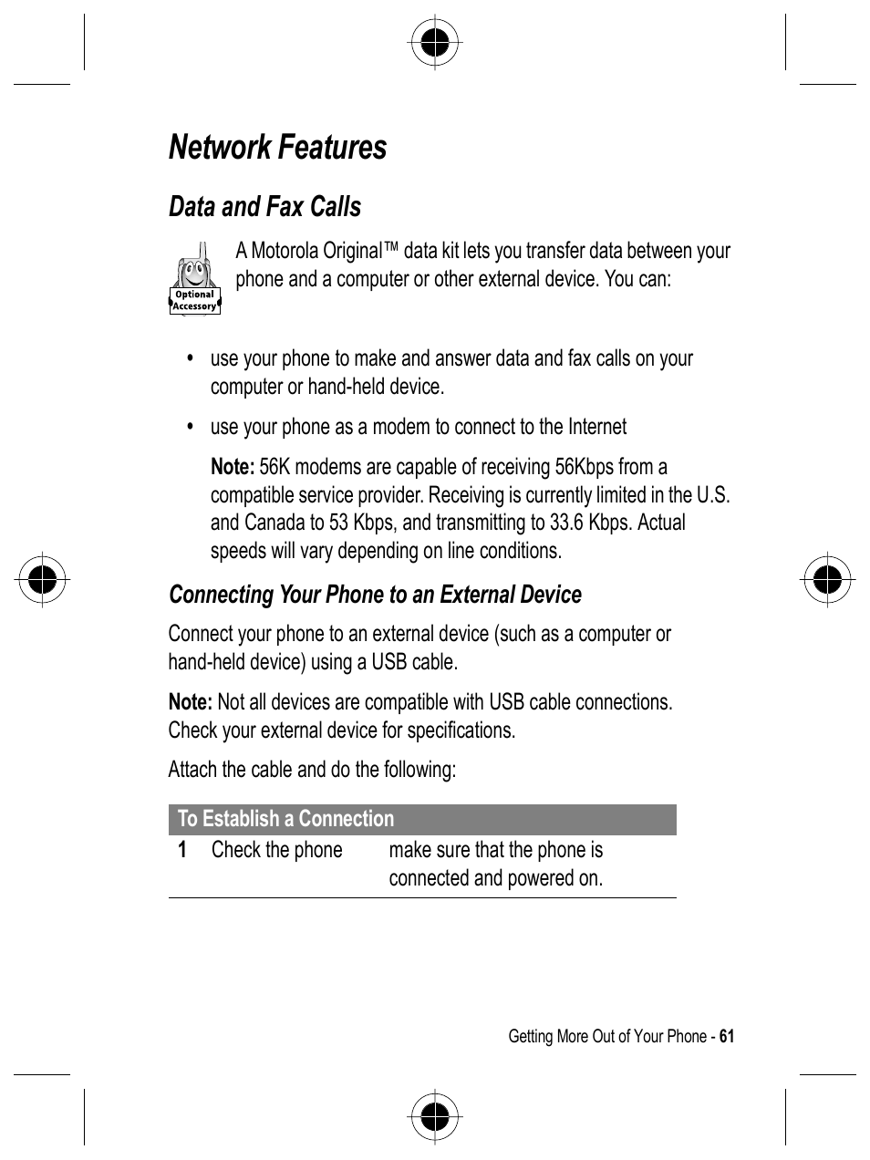 Network features, Data and fax calls | Motorola C332 User Manual | Page 61 / 86