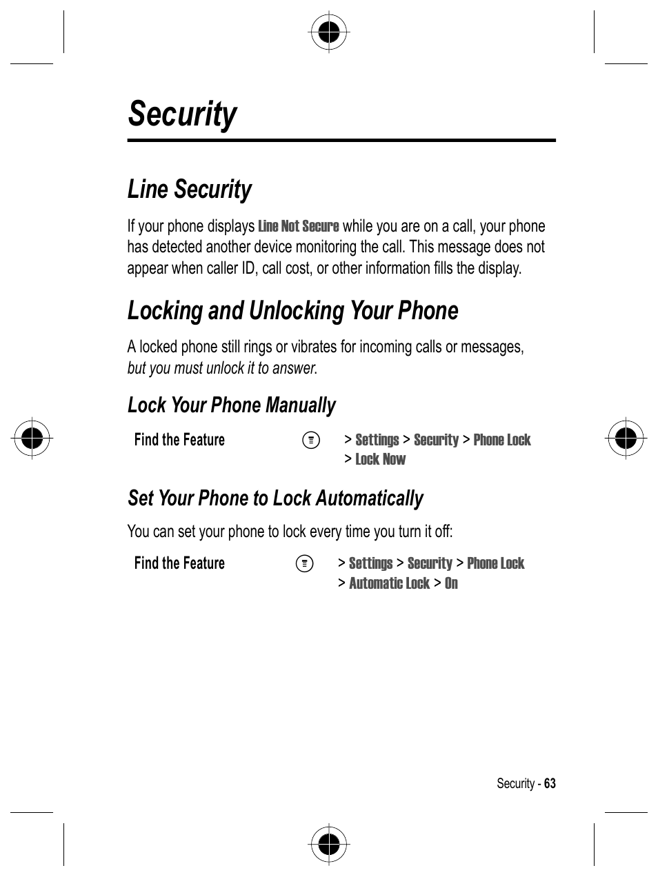 Security, Line security, Locking and unlocking your phone | Motorola C332 User Manual | Page 63 / 86
