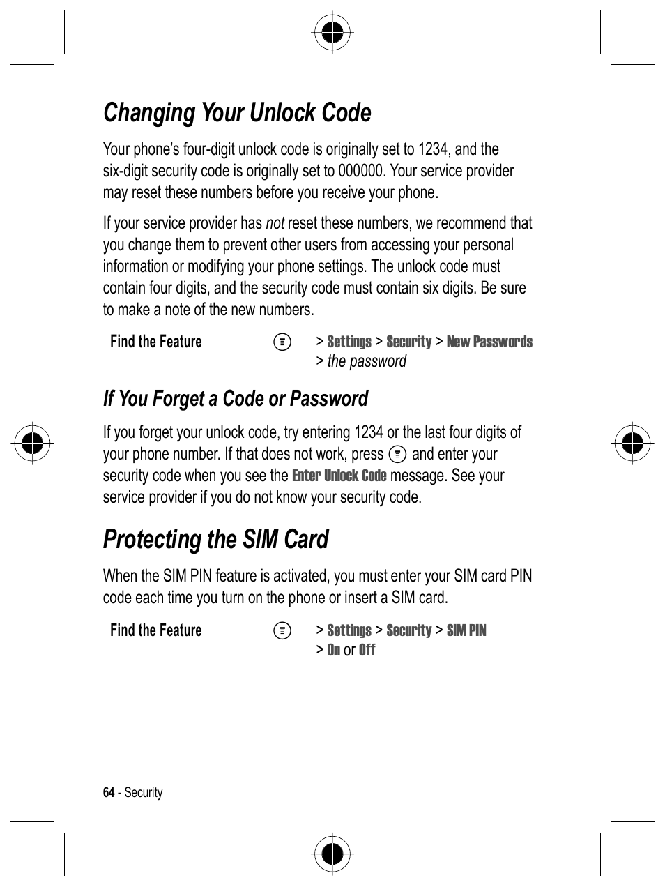Changing your unlock code, Protecting the sim card, If you forget a code or password | Motorola C332 User Manual | Page 64 / 86