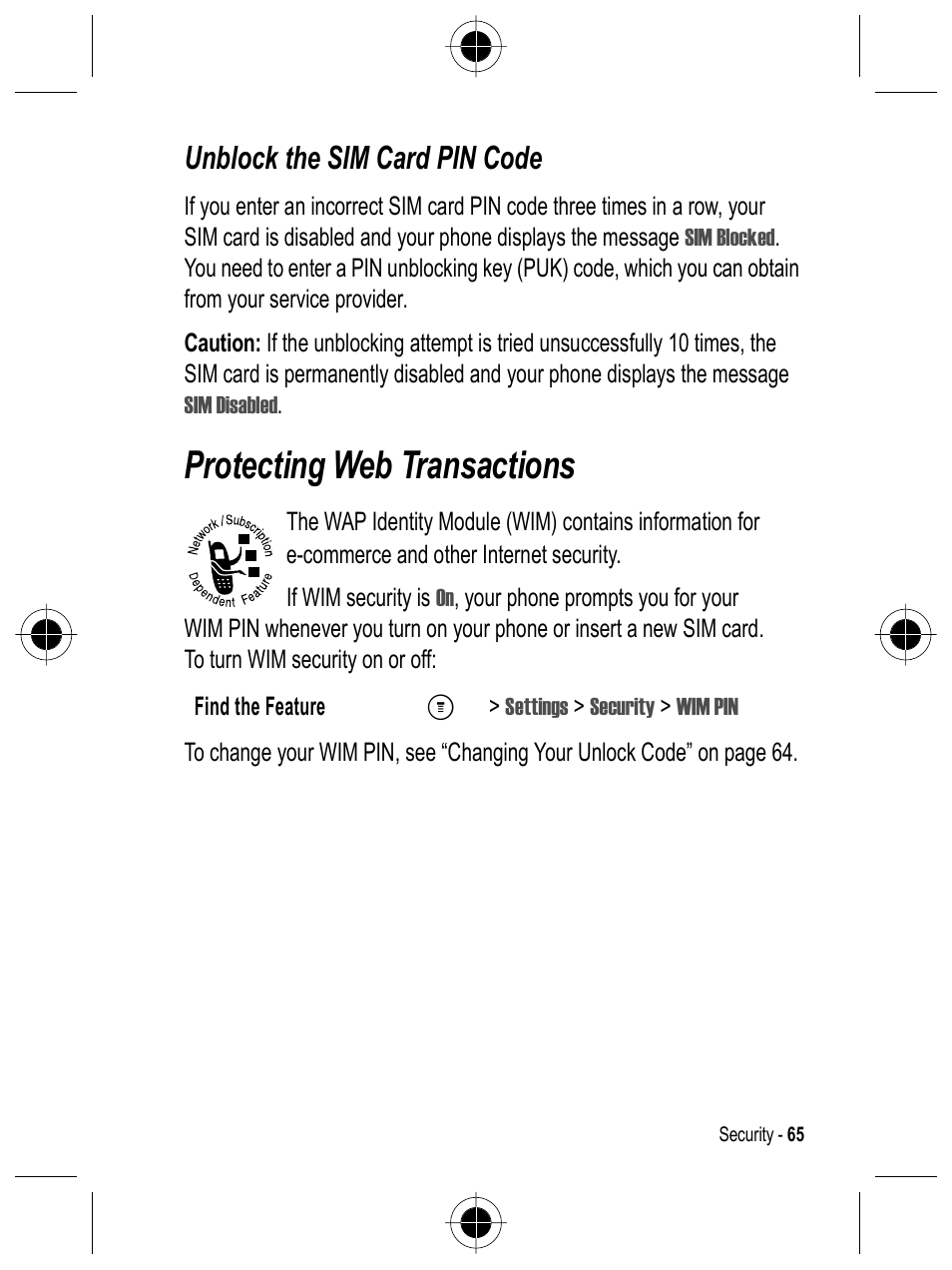 Protecting web transactions, Unblock the sim card pin code | Motorola C332 User Manual | Page 65 / 86