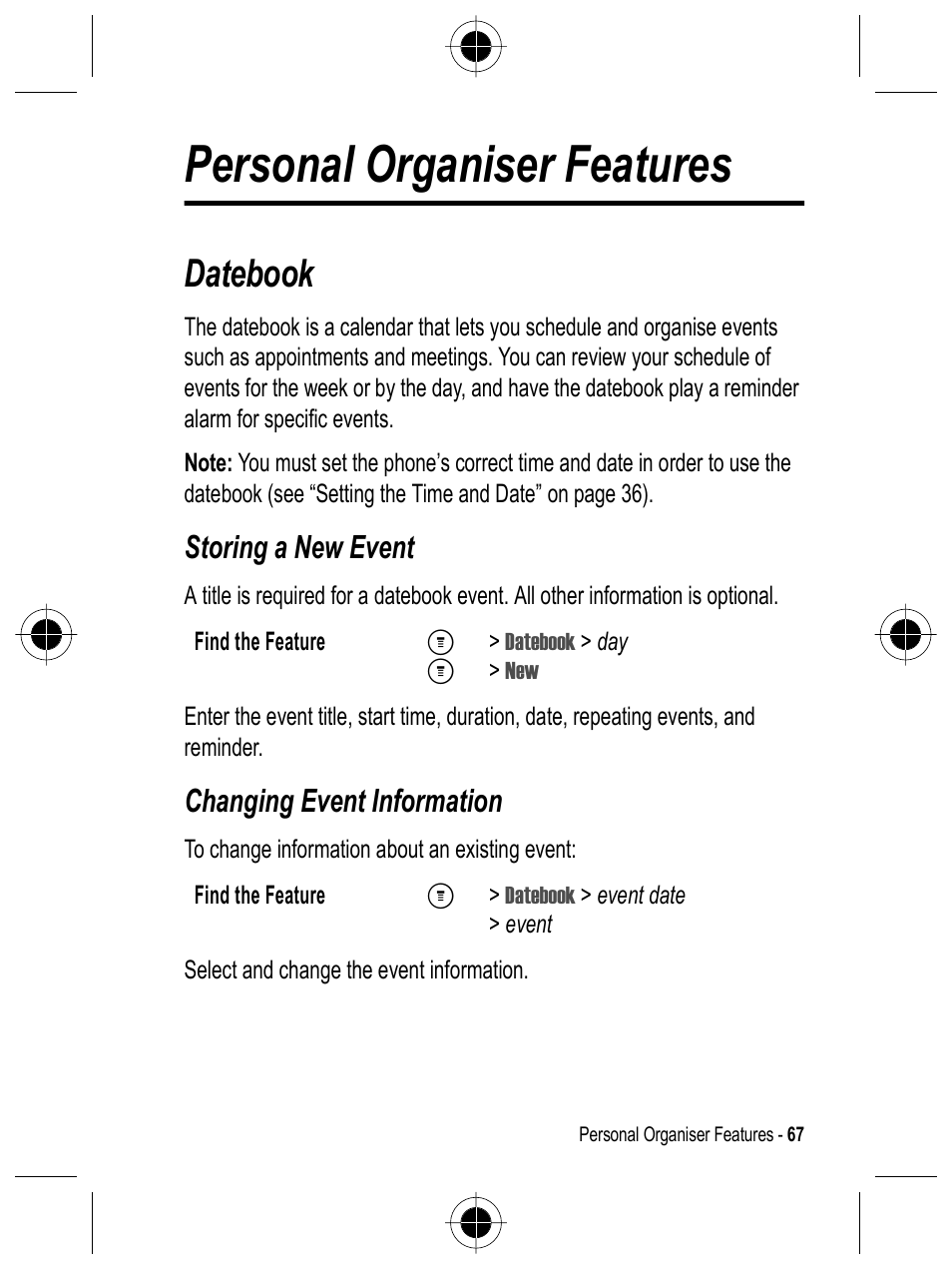 Personal organiser features, Datebook, Storing a new event | Changing event information | Motorola C332 User Manual | Page 67 / 86