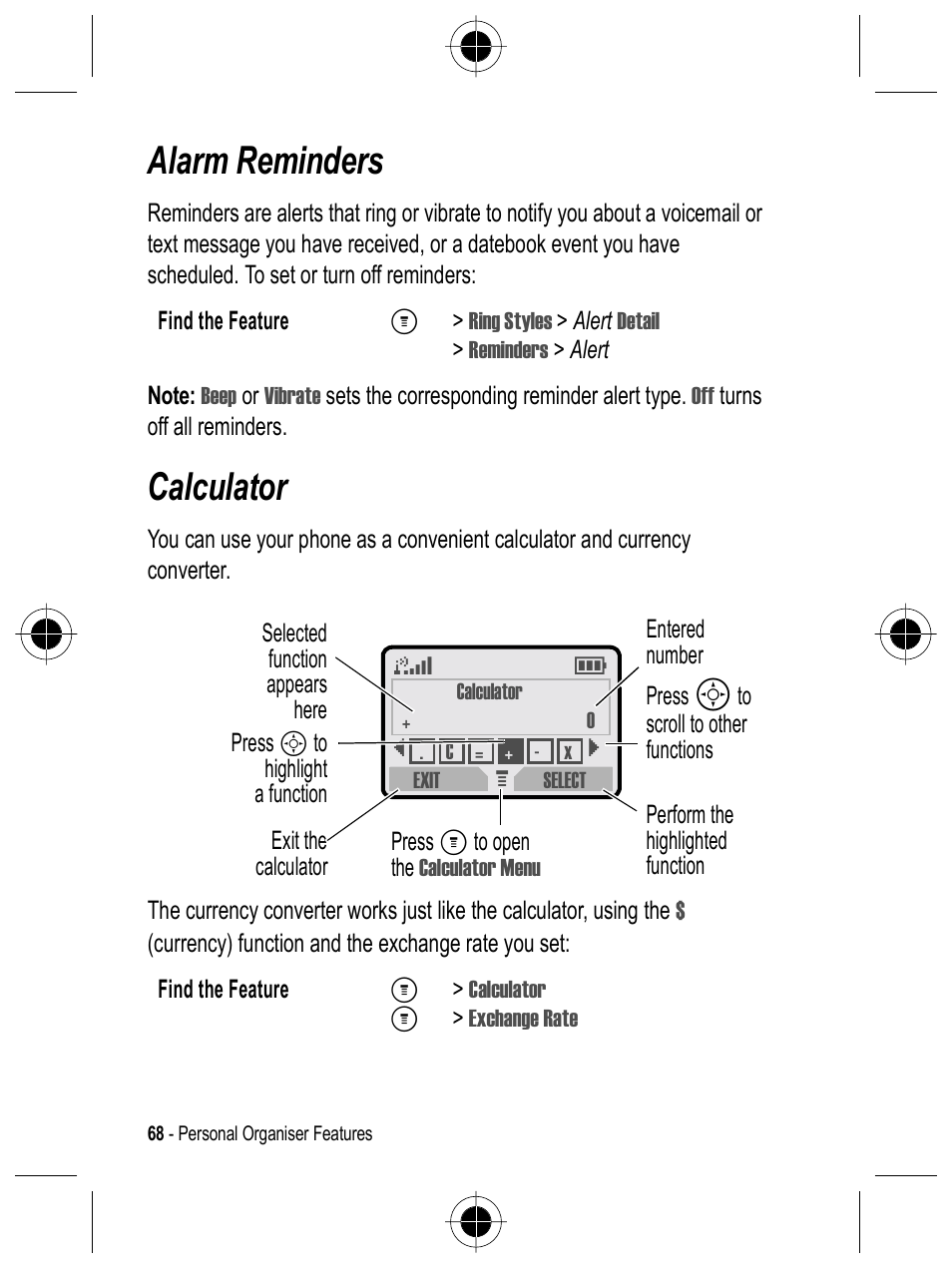 Alarm reminders, Calculator | Motorola C332 User Manual | Page 68 / 86