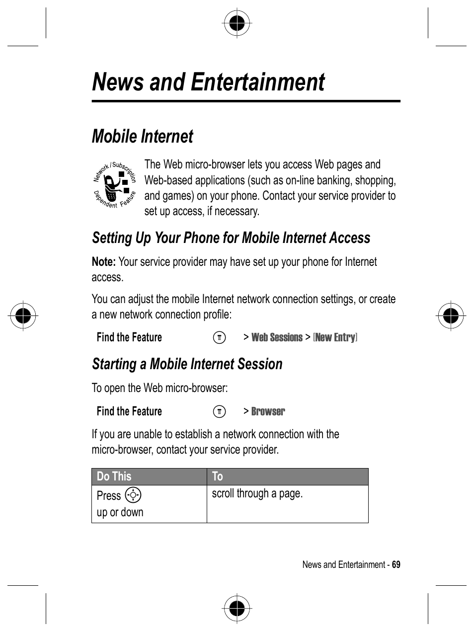 News and entertainment, Mobile internet, Setting up your phone for mobile internet access | Starting a mobile internet session | Motorola C332 User Manual | Page 69 / 86