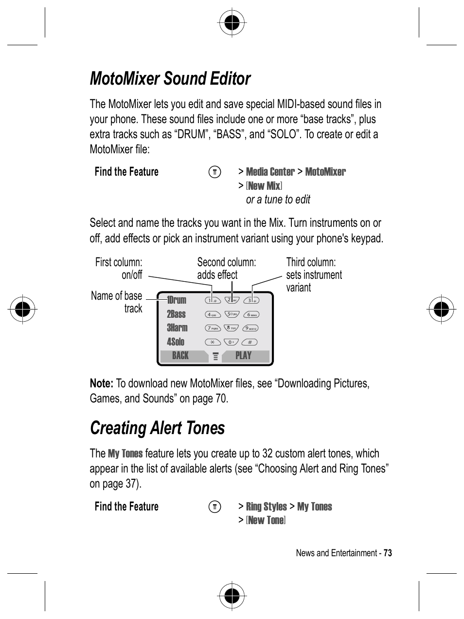 Motomixer sound editor, Creating alert tones | Motorola C332 User Manual | Page 73 / 86