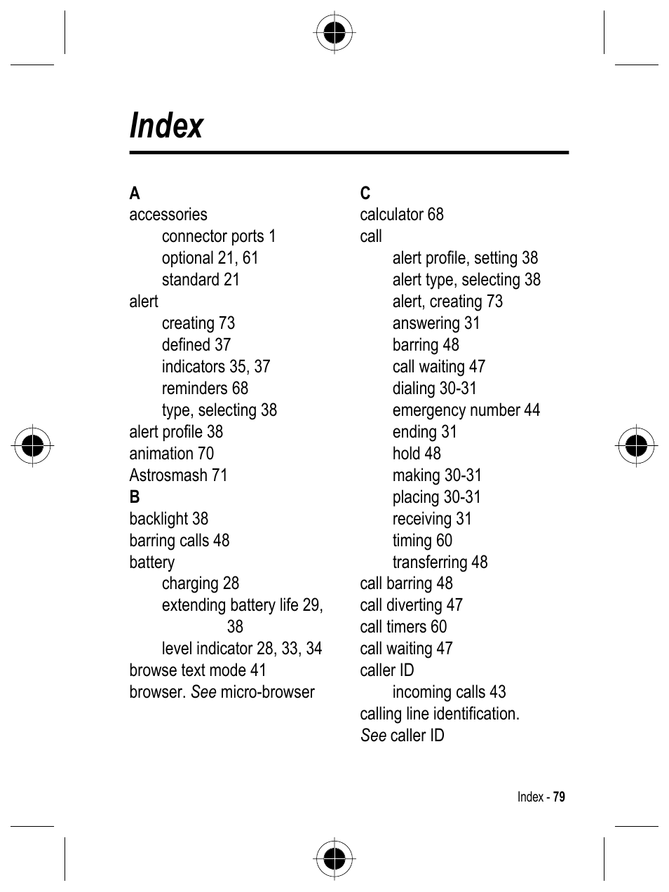 Index | Motorola C332 User Manual | Page 79 / 86