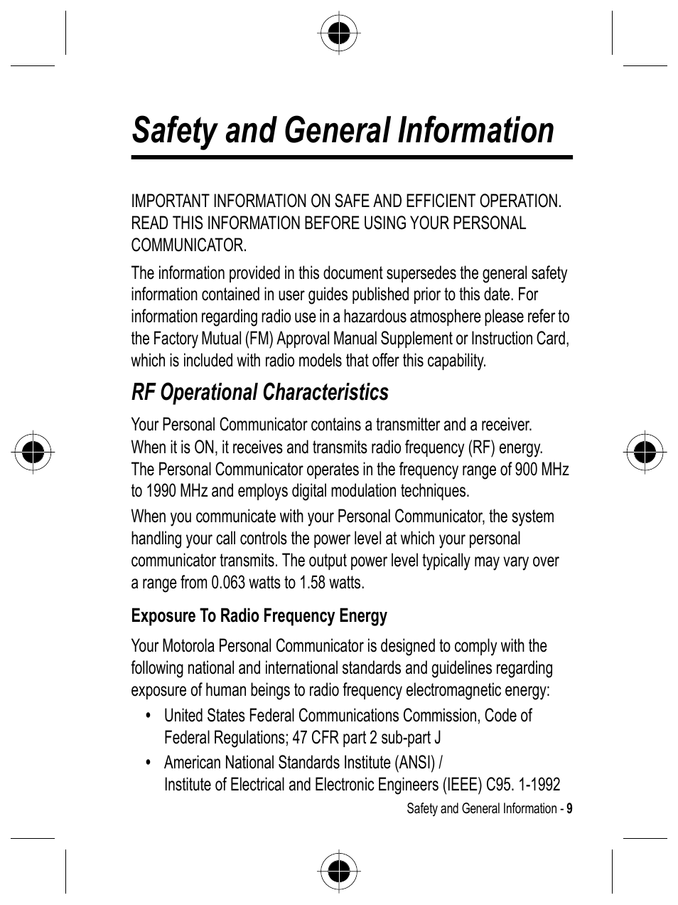 Safety and general information, Rf operational characteristics | Motorola C332 User Manual | Page 9 / 86