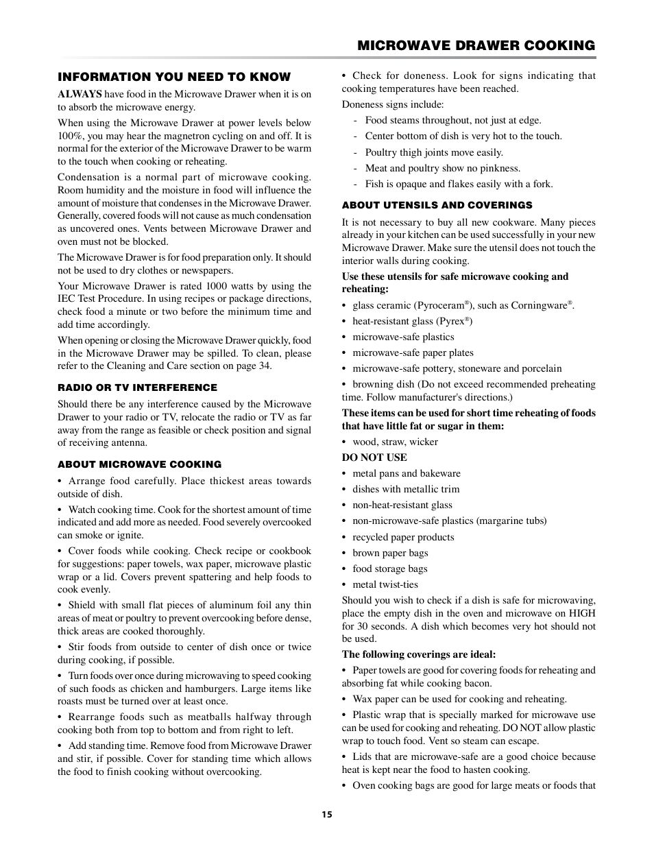 Microwave drawer cooking | Sharp KB-3401L User Manual | Page 15 / 40