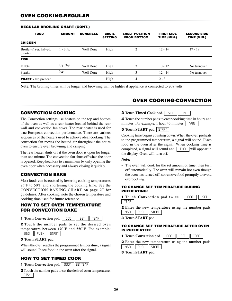 Oven cooking-convection, Oven cooking-regular | Sharp KB-3401L User Manual | Page 26 / 40