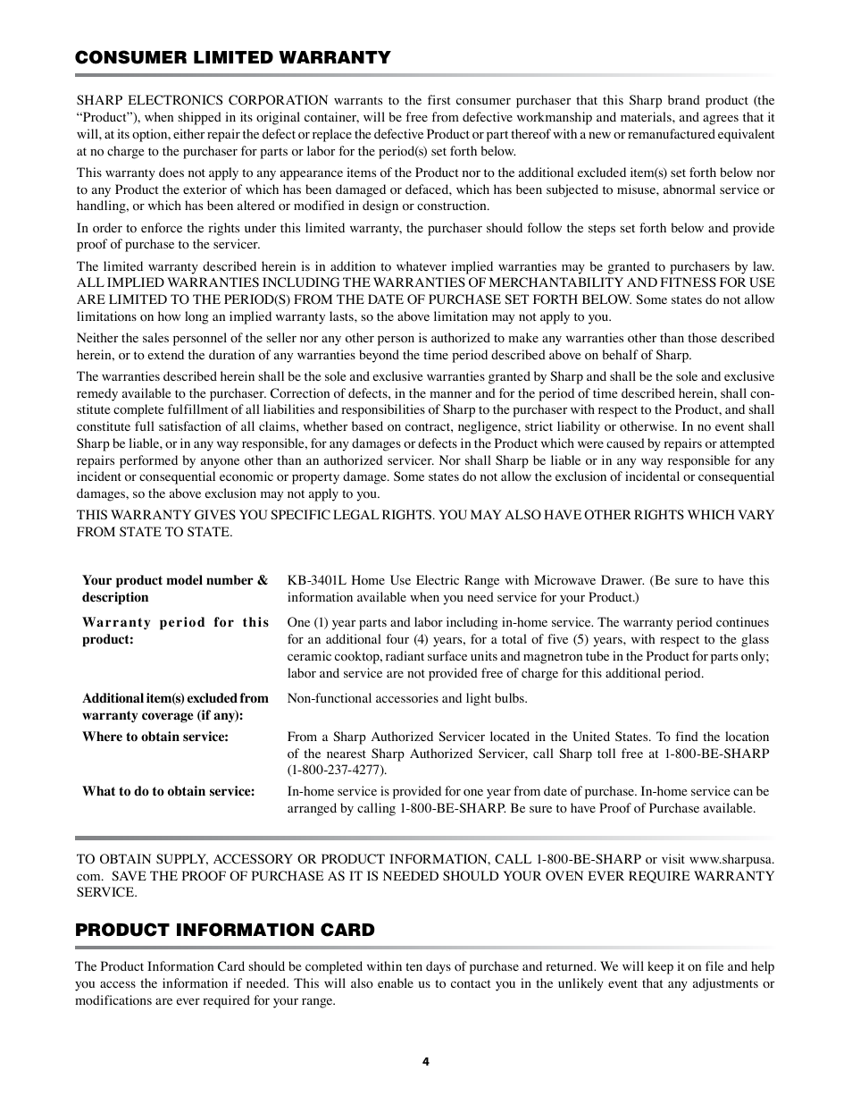 Consumer limited warranty, Product information card | Sharp KB-3401L User Manual | Page 4 / 40