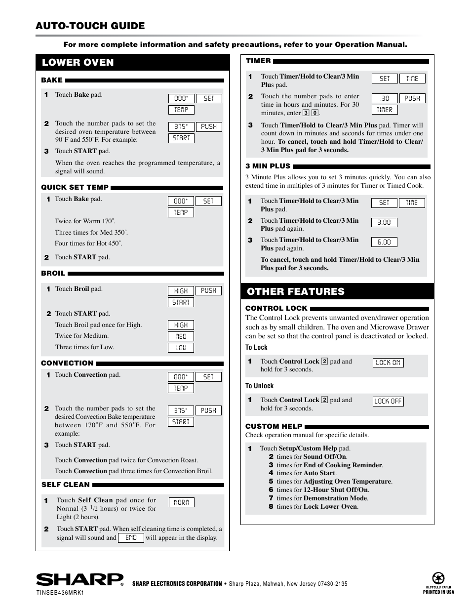 Auto-touch guide, Lower oven, Other features | Sharp KB-3401L User Manual | Page 40 / 40