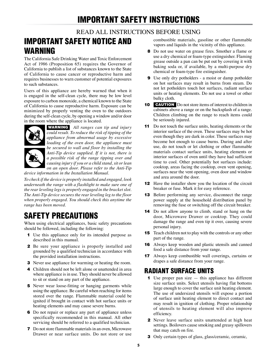 Important.safety.instructions, Important.safety.notice.and. warning, Safety.precautions | Radiant.surface.units, Read all instructions before using | Sharp KB-3401L User Manual | Page 5 / 40