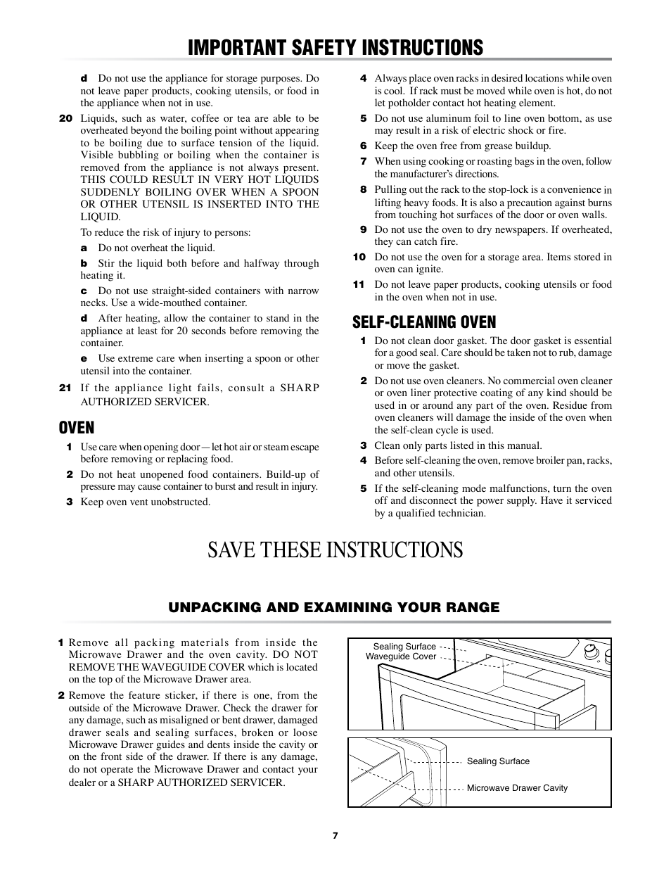 Save these instructions, Important.safety.instructions, Oven | Self-cleaning.oven, Unpacking and examining your range | Sharp KB-3401L User Manual | Page 7 / 40