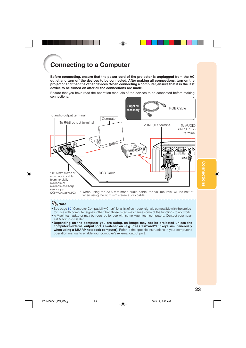 Connecting to a computer, Connections | Sharp Notevision XG-MB67X-L User Manual | Page 27 / 71